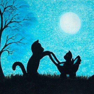 Katzen-Karte, Kätzchen-Tochter-Karte, Babytier, Mond-Karte, Kinderkarte, Mutter-Kind-Kunst-Karte, schwarze Katzen-blaue Baum-Karte, lustige Vatertags-Karte