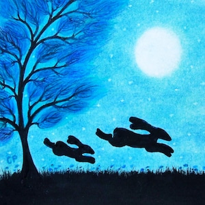 Carte lapin, carte lapin lune fête des pères, carte fille mère, père fils, lièvres lune arbre, carte d'art animalier, enfants, bateau vers le bas, Pâques
