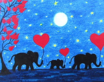 Elefant Herz Karte, Liebe Kunst, Mond Sterne drei Elefanten, Mama, Kinder, Papa Geburtstagskarten, Baby Elefant, Valentinstag, Muttertag, Vatertag