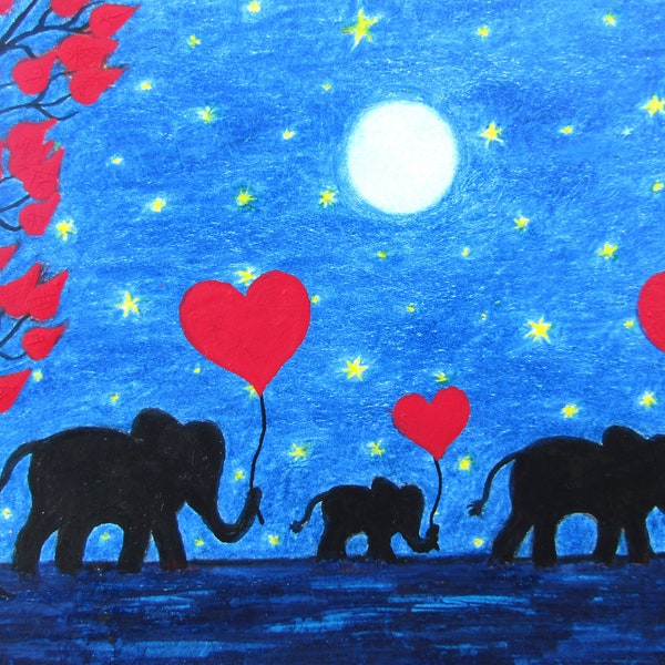 Elephant Card, Birthday, Mothers Day, Kids Heart Card, Mum Dad Love Card, Son, Daughter Moon Stars Card, Baby Elephant, Father, Valentines