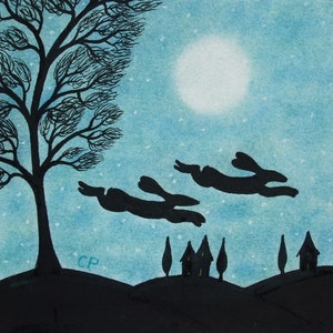 Hare Card, Moon Bunny Rabbit Card, Animals Art, Personalised Card, Two Hares Silhouette Tree, Watership Down, Easter Card, Spring blank Card