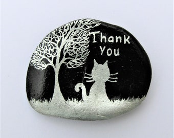 Cat Thank You Card, Unique Hand Painted Shell Card, Silver Cat Tree Card, Teacher Thank You Art Card, Miniature Cat Painting, Seashell Art