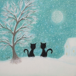 Carte de Noël chat, carte d'art neige, carte d'hiver deux chats noirs, carte de Noël pour enfants, carte de lune arbre à chat violette, carte vierge chats turquoise