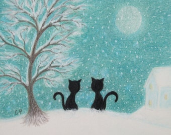 Cat Christmas Card, Snow Art Card, Two Black Cats Winter Card, Kids Christmas Card, Purple Cat Tree Moon Card, Turquoise Blank Cats Card