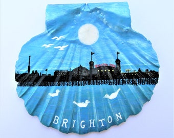 Brighton Card, Shell Art Print, Brighton Palace Pier Moon Card, Seaside, Seagulls Seashell Card, Sussex Coast Town Greeting Card, Scallop