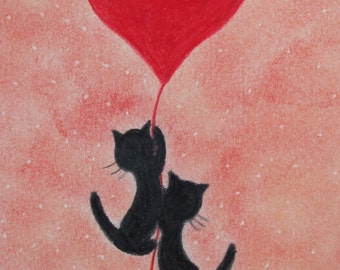 Cat Heart Card, Love Art, Two Black Cats, Birthday Card, Anniversary Card, Thank You Card,  Funny Cat Card, Red Heart, Valentines Kids Card