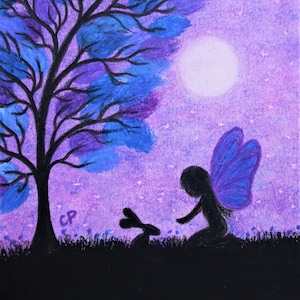 Kaart fee en konijn, verjaardagskaart dochter, kaart paarse boom maan, Fairy Bunny silhouet, lege kunstkaart, illustratie, feeën, sterren