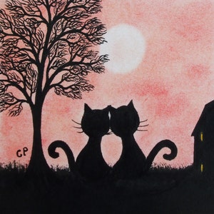 Cat Card, Wedding Anniversary Card for Him, for Her, Love Art, Two Black Cats Tree Moon, Romantic, Engagement Gay, Lesbian Card, Valentines