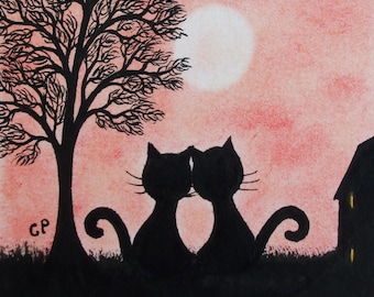 Cat Love Card, Funny Art Cards, Two Black Cats Tree Moon Card, Romantic Silhouettes, Engagement Gay, Lesbian Anniversary Card, Valentines