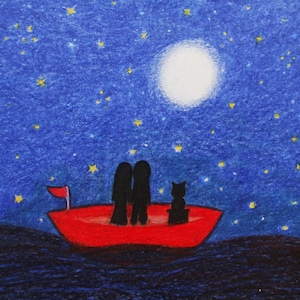Tarjeta de barco, tarjeta romántica con mar, tarjeta de gato con estrellas y luna de pareja de enamorados, tarjeta artística de aniversario de bodas, tarjeta de barco rojo, tarjeta de compromiso, tarjeta de San Valentín con barco