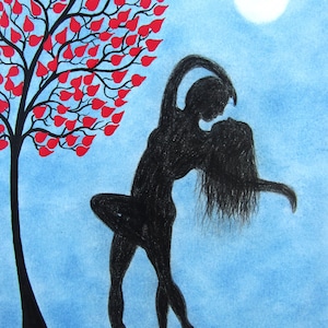 Tarjeta de bailarines, tarjeta de amor y luna para él, para ella, pareja bailando, tarjeta de corazones de árbol, aniversario, tarjeta de danza espiritual romántica, día de San Valentín