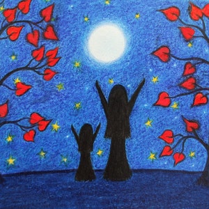 Carte fille fête des mères, carte d'art étoiles lune, carte d'anniversaire de fille, coeurs d'arbre d'amour, maman, Noël spirituel, grand-mère, Saint-Valentin
