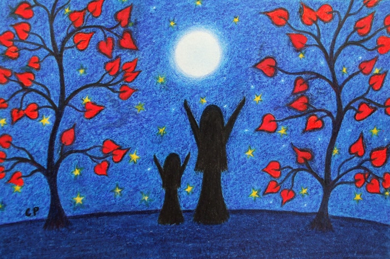 May include: A digital painting of two silhouetted figures, a mother and child, standing with their arms raised, looking up at a full moon in a night sky. The sky is blue with red heart-shaped leaves on two trees on either side of the figures. There are yellow stars scattered throughout the sky.