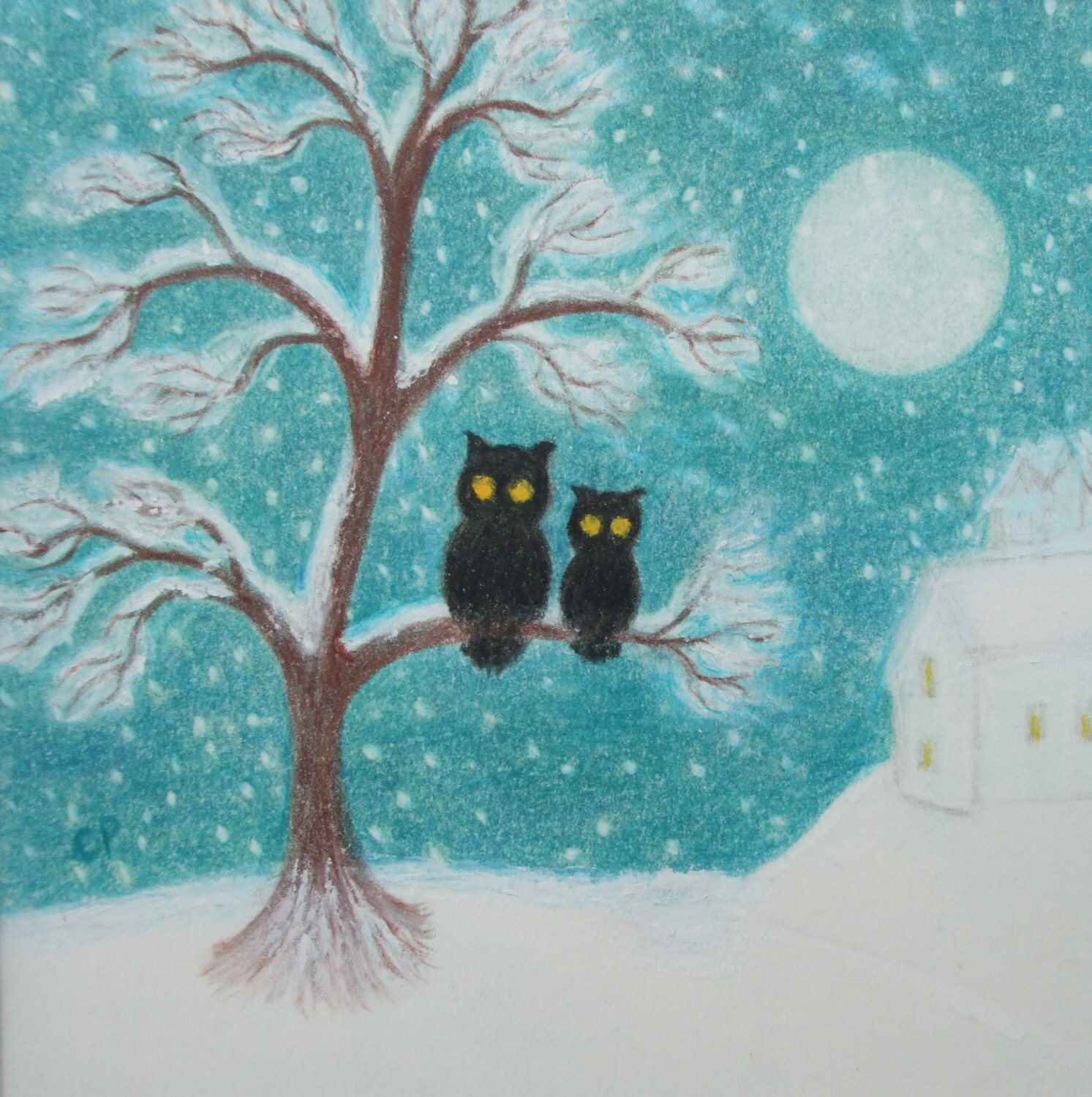 Owl Christmas Card, Tree Snow Card, Mother Daughter Card, Two Owls Moon, Winter Card, Father Son Chr