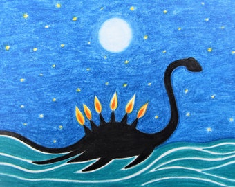 Birthday Card, Loch Ness Monster Card, Dragon, Funny Birthday Card, Six Candles Dinosaur Art Card, Kids Card, Moon Stars, 60th Birthday Card