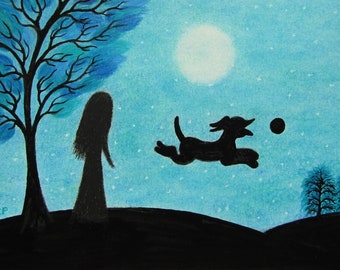 Carte chien, carte d&#39;anniversaire fille, carte de remerciement, carte silhouette chien et fille, carte vierge chiot, carte d&#39;art arbre chien lune, carte d&#39;anniversaire maman
