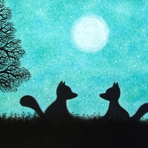 Carte renard, carte d'art lune, carte de Saint Valentin, carte silhouette d'arbre animal, ami, carte de voeux deux renards, carte renardeaux, carte d'art d'anniversaire