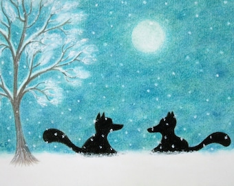 Fox Card, Christmas Snow Moon Card, Two Foxes Card, Animal Christmas Art Card, Tree Winter Card, Xmas moon Blank Card, Fox Art, Romantic
