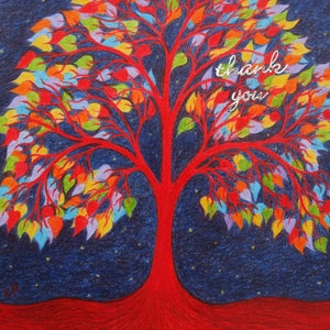 Thank You Card, Tree of Life, Spiritual Card, Thank You Tree Card, Rainbow Art Card, Spiritual Thank You Card, Symbolic Art Card, Red Tree