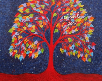 Thank You Card, Tree of Life, Spiritual Card, Thank You Tree Card, Rainbow Art Card, Spiritual Thank You Card, Symbolic Art Card, Red Tree