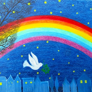 Regenboogkaart, vredeskaart duif, sterrenboom, Hope Art Card, spirituele vogel, sympathie, sterfgeval, lege wenskaart, verdriet, condoleances