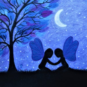 Carte fée, carte soeur jumelle, lesbienne, carte arbre étoiles lune violet, carte d'anniversaire, art fantastique fille, âme soeur Noël, Saint-Valentin