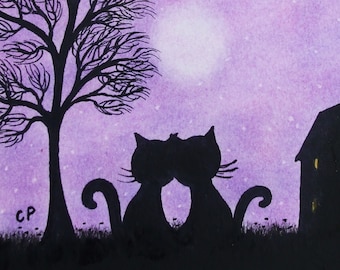 Cat Card, Romantic Cats, Wedding Card, Black Cat Love Card, Cats Tree Moon Card, Cat Anniversary Card, Tree Silhouette Engagement Card Cats