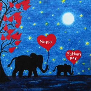 Carte de fête des pères, coeurs d'éléphants, fille, fils de carte, étoiles de lune bébé éléphant, carte d'amour pour papa, fête des pères heureuse, carte d'art animalier