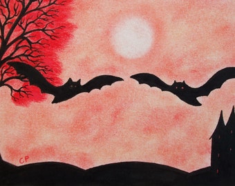 Bat Card, Silhouette Art, Wedding Anniversary, Halloween Card, Two Bats Red Tree, Engagement Blank Art Card, Romantic, Gothic, Valentines