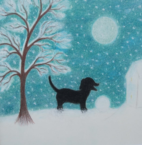 Dog Christmas Card, Snow Labrador Card, Black Dog Moon Tree Card