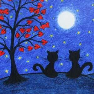 Carte chat, Carte amour d'anniversaire de mariage, Carte deux chats noirs coeurs arbre lune étoiles, Art romantique, Fiançailles gays et lesbiennes, Saint Valentin