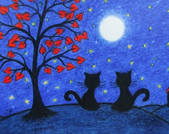 Cat Card, Love Art, Two Black Cats Hearts Tree Moon Stars Card, Romantic, Gay Lesbian Engagement, Wedding Anniversary, Christmas, Valentine