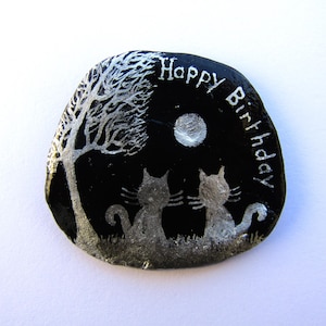 Verjaardagskaart kat, unieke handgeschilderde schelp, verjaardag kunstkaart, twee zwarte katten Love Hearts Tree Card, huisdierverlies, schelp, gepersonaliseerd