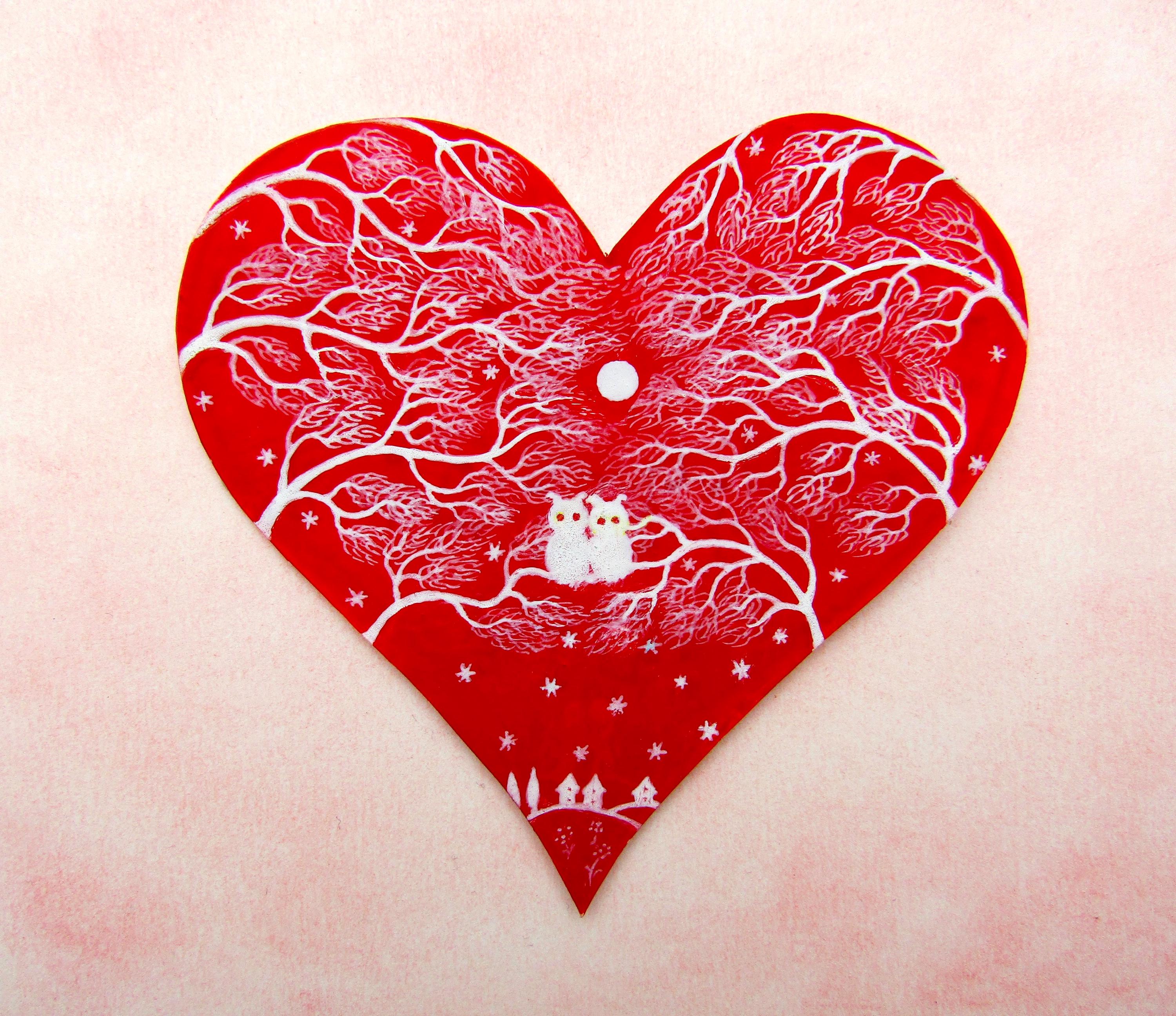 Owl Heart Card, Love Art, Two Romantic Owls Tree Moon, Christmas Greeting Card, Wedding Anniversary,