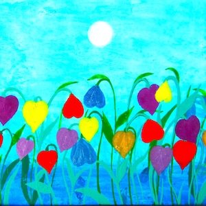 Carte fleurs, carte coeurs perce-neige, fête des mères, art abstrait, carte amour fille, coquelicots, anniversaire, pensée pour vous, sympathie, lune