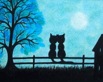 Cat Moon Card, Romantic Art, Tree Two Black Cats Card, Lesbian, Gay Engagement Card, Love, Wedding Anniversary Greeting Card, Valentine