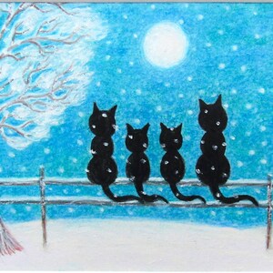 Carte de Noël Quatre chats, Arbre lune enneigé, Carte pour enfants, Carte de bonne année, Carte deux chatons noirs, Famille d'animaux, Art pour enfants, Illustration
