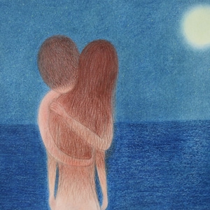 Liefdeskaart, verjaardag, zee paar kunstkaart, strand romantische kaart, voor hem, voor haar, knuffel maankaart, omhelzing vriendin vriendje, valentijnskaarten
