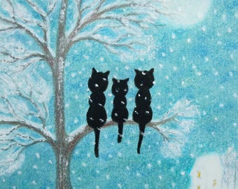 May include: Three black cats sit on a snow-covered branch of a tree against a blue sky with a white moon. The scene is painted in a whimsical style with a light dusting of snow.