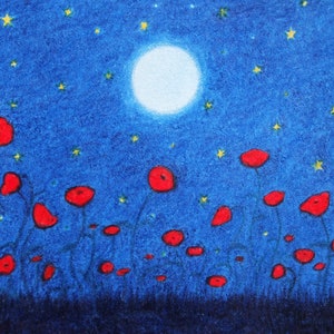 Carte coquelicot, carte de sympathie, carte d'étoiles de lune, champ de coquelicots rouges, carte de deuil, carte d'art abstrait, carte de voeux de deuil, chagrin lunaire