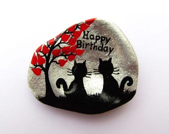 Carte d&#39;anniversaire chat, coquillage peint à la main unique, carte d&#39;art d&#39;anniversaire, carte arbre coeurs amour deux chats noirs, perte d&#39;animal de compagnie, coquillage, personnalisé