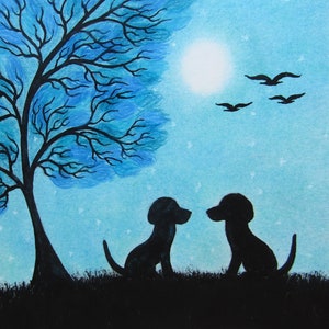 Biglietto con cane, arte dell'amicizia, biglietto con due cani neri e albero della luna, arte dell'amore, cuori, biglietti romantici con animali per anniversario, cucciolo, silhouette di labrador