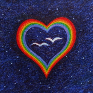Tarjeta de corazón, tarjeta de aniversario con arte de arcoíris, LGBTQ, amor espiritual, tarjeta de compromiso lésbico, gay, corazón con dos pájaros, simpatía, día de San Valentín