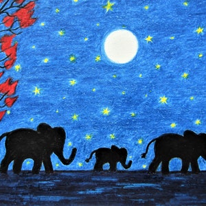 Elefant Karte, Vatertag Kunstkarte, Mond Sterne Baby Tier Karte, drei Elefanten Geburtstagskarte, neue Mutterkarte, Weihnachtskarte glückliches neues Jahr