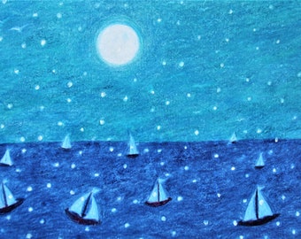 Sailing Boat Card, Sea Birthday Card, Winter Art Card, Moon Snow Card, Water Ship Card, Christmas, Turquoise Blank Greeting Card, Sailing