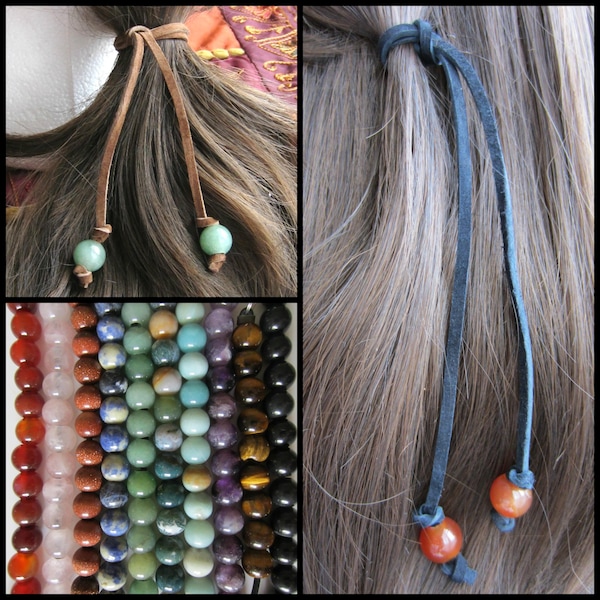 Leather Hair Tie with Gemstone Beads, Hair Extension, Hanging Hair Accessories, Boho Hair Jewelry.