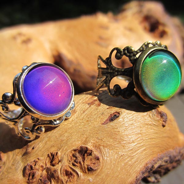 Mood Ring,  Color Changing, Mood Jewelry, Silver or Antique Bronze Filigree Adjustable Ring, 12mm Mood Cabochon