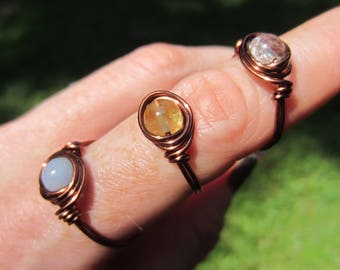 Copper Wire Wrapped Ring With Your Choice of Gemstone or Crystal.