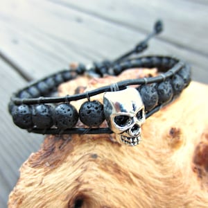 Leather Skull Bracelet, Aromatherapy Bracelet, Lava Stone Bracelet, Diffuser Jewelry. Gift for Men