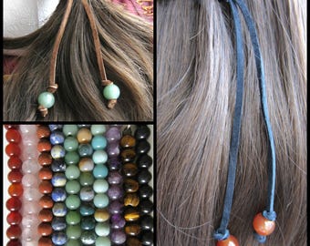 Leather Hair Tie with Real Gemstone Beads